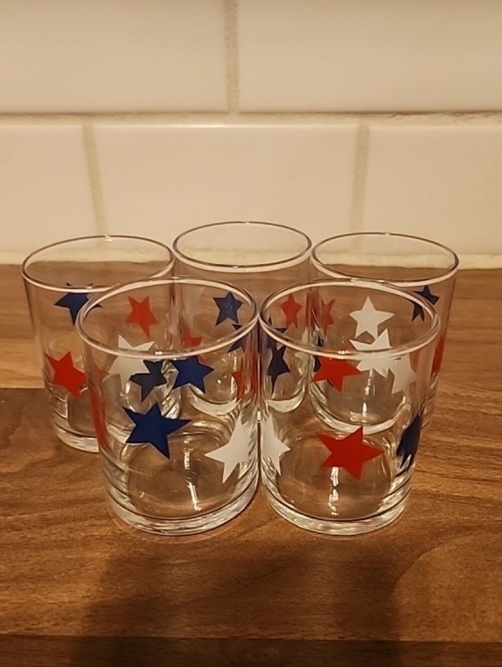 Set of 5 Star Print Glass Tumblers - Red White Blue